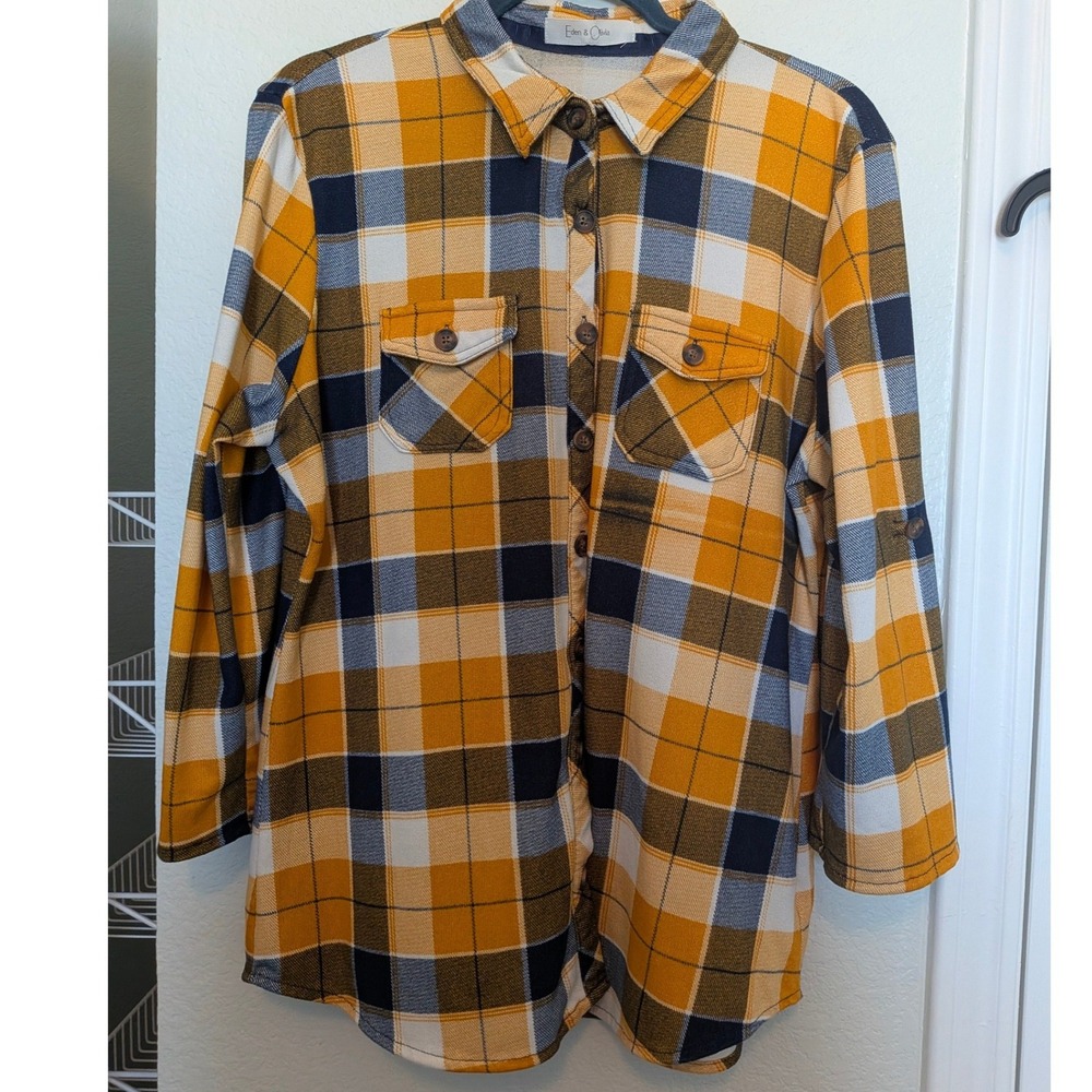 Eden & Olivia Mustard Yellow Plaid Roll Tab Sleeve Button Down Shirt Large